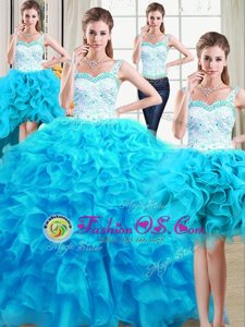 Adorable Four Piece Straps Baby Blue Sleeveless Floor Length Beading and Ruffles Lace Up Sweet 16 Dresses
