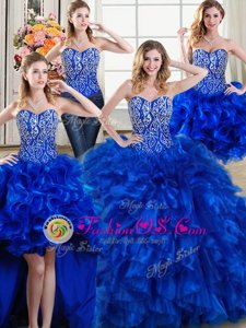Artistic Four Piece Brush Train Ball Gowns Sweet 16 Dress Royal Blue Sweetheart Organza Sleeveless Lace Up