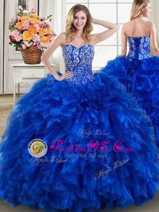 Royal Blue Ball Gowns Beading and Ruffles Quince Ball Gowns Lace Up Organza Sleeveless With Train