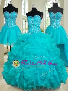 Four Piece Sweetheart Sleeveless Sweet 16 Quinceanera Dress Floor Length Beading and Ruffles Teal Organza