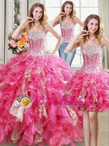Three Piece Floor Length Lace Up Sweet 16 Quinceanera Dress Hot Pink and In for Military Ball and Sweet 16 and Quinceanera with Beading and Ruffles and Sequins