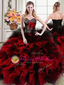 Charming Black and Red Ball Gowns Organza and Tulle Sweetheart Sleeveless Beading and Ruffles and Hand Made Flower Floor Length Lace Up Sweet 16 Quinceanera Dress