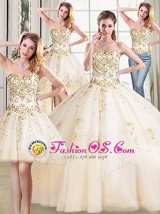 Attractive Four Piece Champagne Sleeveless Floor Length Beading Lace Up Sweet 16 Dress