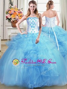 Light Blue Tulle Lace Up Quince Ball Gowns Sleeveless Floor Length Beading and Appliques and Ruffles