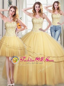 Three Piece Gold Sweet 16 Dresses Military Ball and Sweet 16 and Quinceanera and For with Beading and Sequins Sweetheart Sleeveless Lace Up