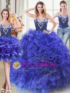 Flare Three Piece Sleeveless Floor Length Beading and Ruffles Lace Up Quince Ball Gowns with Royal Blue