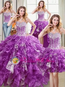 Four Piece Purple Organza Lace Up Sweetheart Sleeveless Floor Length Sweet 16 Dress Beading and Ruffles and Sequins