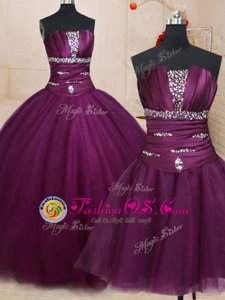 Three Piece Beading 15 Quinceanera Dress Dark Purple Lace Up Sleeveless Floor Length