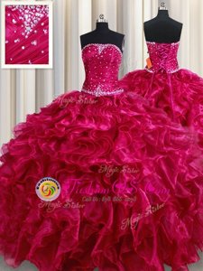 Beading and Ruffles Ball Gown Prom Dress Fuchsia Lace Up Sleeveless Floor Length
