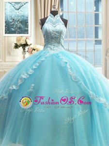 Enchanting Halter Top Aqua Blue Tulle Lace Up Quince Ball Gowns Sleeveless Floor Length Beading and Lace and Appliques