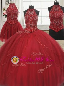 Stylish Three Piece Halter Top With Train Lace Up 15 Quinceanera Dress Red and In for Military Ball and Sweet 16 and Quinceanera with Beading Court Train