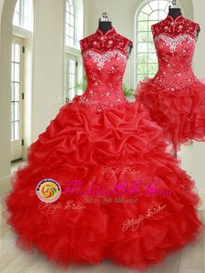 Gorgeous Three Piece Red High-neck Neckline Beading and Ruffles and Pick Ups Quinceanera Gowns Sleeveless Lace Up