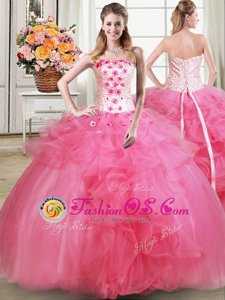 Affordable Strapless Sleeveless Tulle Quinceanera Dresses Beading and Appliques and Ruffles Lace Up