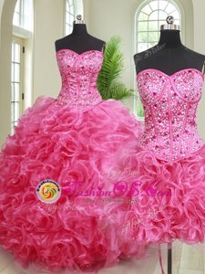 Three Piece Hot Pink Ball Gowns Organza Sweetheart Sleeveless Beading and Ruffles Floor Length Lace Up Ball Gown Prom Dress