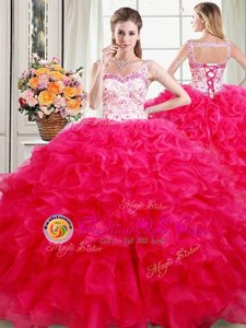 Modern Three Piece Coral Red Organza Lace Up Quinceanera Gowns Sleeveless Floor Length Beading and Ruffles