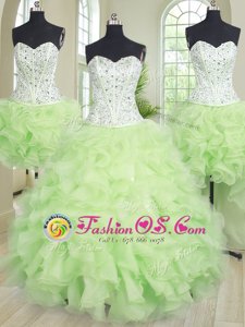 Four Piece Sweetheart Sleeveless Lace Up Quinceanera Dress Yellow Green Organza