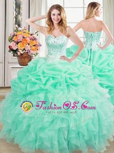 Captivating Organza Sweetheart Sleeveless Lace Up Beading and Ruffles and Pick Ups Quinceanera Gown in Apple Green