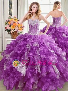 Hot Sale Organza Sleeveless Floor Length 15th Birthday Dress and Beading and Ruffles and Sequins