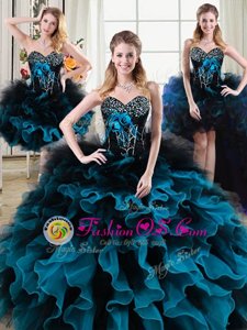 Traditional Four Piece Sweetheart Sleeveless Quinceanera Gowns Floor Length Beading and Ruffles and Hand Made Flower Black and Blue Organza and Tulle