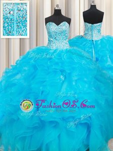 Graceful Baby Blue Sleeveless Organza Lace Up Quince Ball Gowns for Military Ball and Sweet 16 and Quinceanera