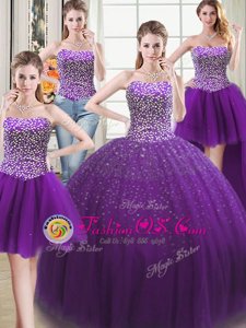 Traditional Four Piece Beading Sweet 16 Dresses Purple Lace Up Sleeveless Floor Length