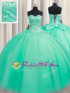 Turquoise Tulle Lace Up Sweetheart Sleeveless Floor Length Quinceanera Gowns Beading and Bowknot