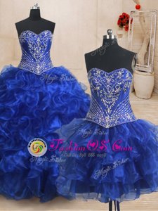 Amazing Three Piece Royal Blue Organza Lace Up Vestidos de Quinceanera Sleeveless With Brush Train Beading and Ruffles