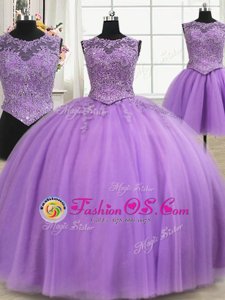 Designer Three Piece Lilac Sweet 16 Quinceanera Dress Military Ball and Sweet 16 and Quinceanera and For with Beading and Appliques Scoop Sleeveless Lace Up