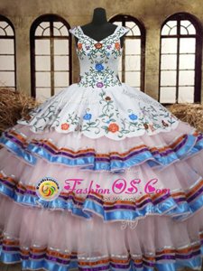 Sweet Ruffled White and Red Sleeveless Organza and Taffeta Lace Up Sweet 16 Quinceanera Dress for Military Ball and Sweet 16 and Quinceanera