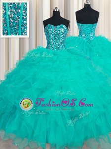 Turquoise Organza Lace Up Vestidos de Quinceanera Sleeveless Floor Length Beading and Ruffles