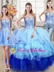 High Quality Three Piece Multi-color Sleeveless Floor Length Ruffles and Sequins Lace Up 15th Birthday Dress