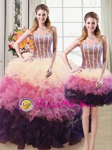 Decent Three Piece Beading and Ruffles Quince Ball Gowns Multi-color Lace Up Sleeveless Floor Length