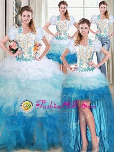 Four Piece Multi-color Ball Gowns Beading and Appliques and Ruffles Quinceanera Gowns Lace Up Organza Sleeveless Floor Length