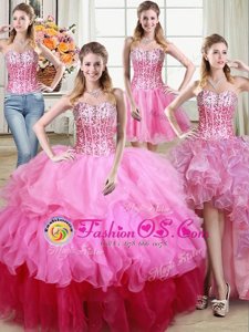 Four Piece Multi-color Organza Lace Up Sweet 16 Quinceanera Dress Sleeveless Floor Length Ruffles and Sequins