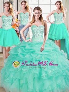 Custom Design Four Piece Pick Ups Ball Gowns Ball Gown Prom Dress Apple Green Sweetheart Organza Sleeveless Floor Length Lace Up