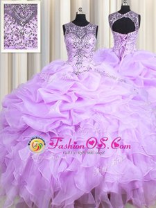 Customized Lavender Sweet 16 Quinceanera Dress Military Ball and Sweet 16 and Quinceanera and For with Beading and Ruffles and Pick Ups Scoop Sleeveless Lace Up