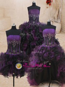 Four Piece Floor Length Ball Gowns Sleeveless Black and Purple Quince Ball Gowns Lace Up