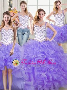 Pretty Four Piece Lavender Lace Up Straps Beading and Lace and Ruffles 15th Birthday Dress Organza Sleeveless