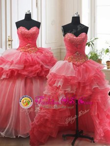 Stylish Three Piece Sleeveless Beading and Ruffled Layers Lace Up Sweet 16 Quinceanera Dress with White and Coral Red Brush Train