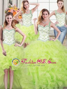 Four Piece Straps Sleeveless Floor Length Beading and Lace and Ruffles Lace Up Sweet 16 Dress with Yellow Green