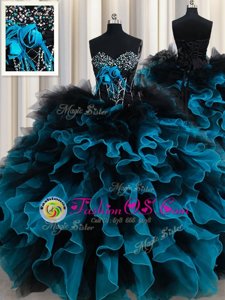 Suitable Black and Blue Organza and Tulle Lace Up Sweetheart Sleeveless Floor Length 15 Quinceanera Dress Beading and Ruffles and Hand Made Flower