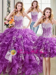 Three Piece Sleeveless Floor Length Beading and Ruffles and Sequins Lace Up Quinceanera Dress with Purple