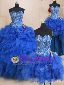 Four Piece Royal Blue Quinceanera Gown Military Ball and Sweet 16 and Quinceanera and For with Beading and Ruffles Sweetheart Sleeveless Lace Up