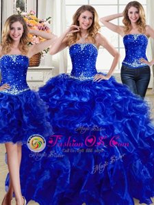 Three Piece Ball Gowns Quinceanera Gown Royal Blue Strapless Organza Sleeveless Floor Length Lace Up