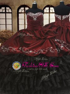 Eye-catching Sleeveless Floor Length Beading and Embroidery and Ruffled Layers Lace Up Quinceanera Dress with Red And Black