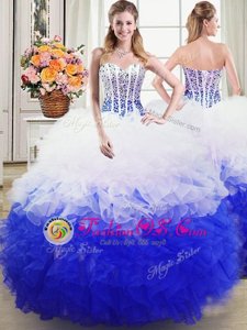 Top Selling Blue And White Organza Lace Up Quinceanera Gown Sleeveless Floor Length Beading and Ruffles