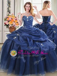 Low Price Floor Length Navy Blue Quince Ball Gowns Organza Sleeveless Beading and Pick Ups