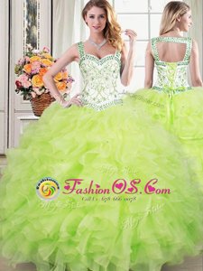 Decent Straps Yellow Green Lace Up Sweet 16 Dresses Beading and Lace and Ruffles Sleeveless Floor Length