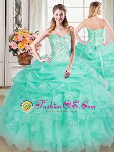 Four Piece Royal Blue Ball Gowns Beading and Ruffles Quinceanera Gowns Lace Up Organza Sleeveless Floor Length