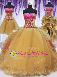 Four Piece Hot Pink and Gold Organza and Taffeta Lace Up Strapless Sleeveless With Train Sweet 16 Quinceanera Dress Brush Train Beading and Lace and Ruffles